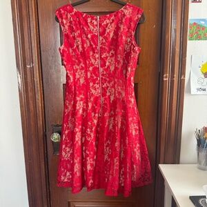 Red lace A-line midi dress with zipper back